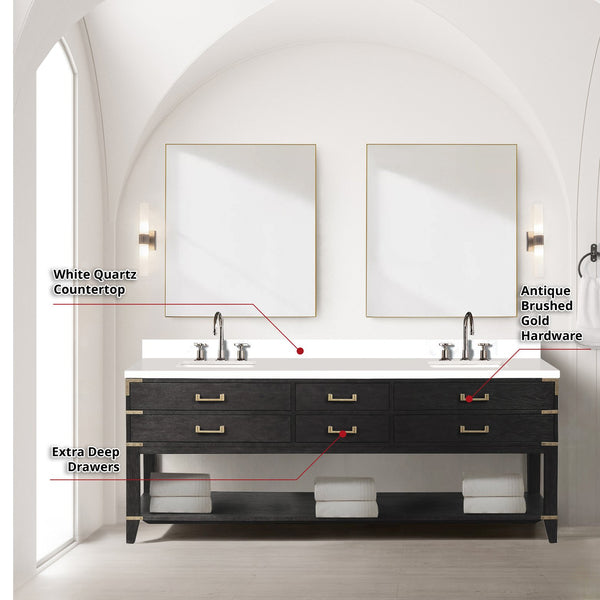 English Elm Black Oak Double Bath Vanity With White Quartz Top, Chrome Faucet, & Two 36" Mirrors For Luxury Spaces B2731S02206