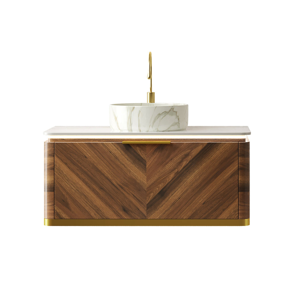 English Elm Dipa 36" Floating Bathroom Vanity With Stone Top, Ceramic Vessel Sink, Led Light & Dark Walnut Finish W2615S00484