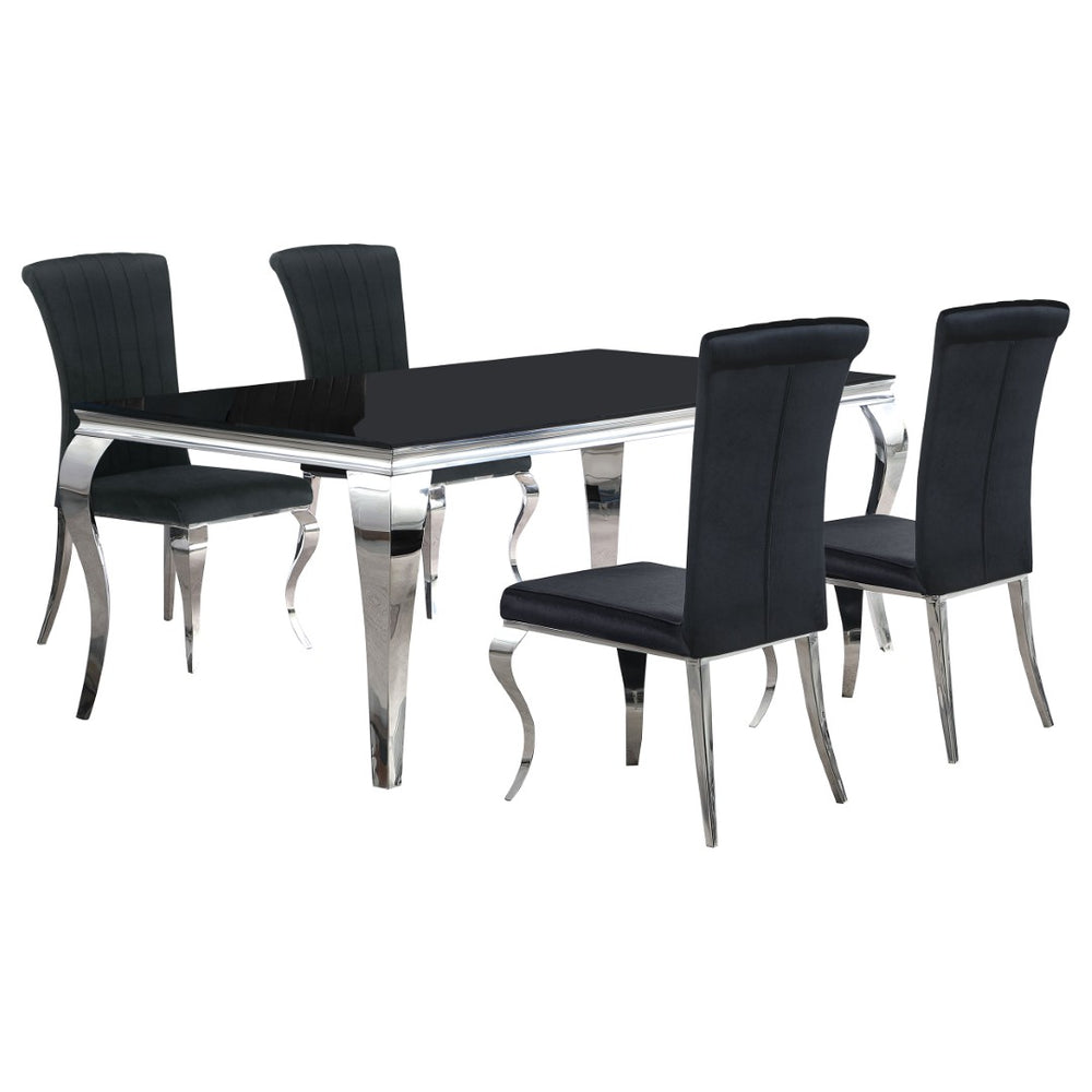 English Elm Black Tempered Glass Dining Set with Velvet Chairs and Sculptural Steel Legs B062S01827