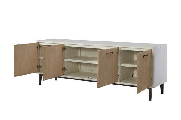 English Elm 80" Console Vanilla White Two-Tone Solid Wood & MDF TV Stand with Soft-Close Doors, Adjustable Shelves and Textured Grain Design B2699P373667