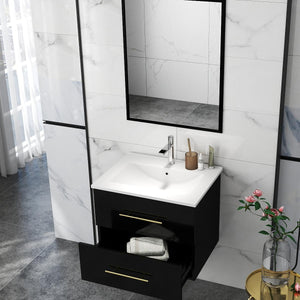 English Elm 24-Inch Modern Wall-Mounted Bathroom Vanity With Sink & Mirror, Elegant Gold Handles, 2 Drawers W3151S00037