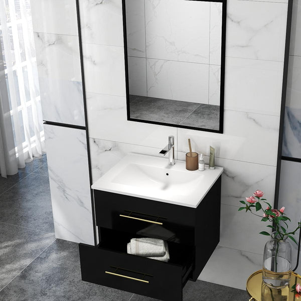 English Elm 24-Inch Modern Wall-Mounted Bathroom Vanity With Sink & Mirror, Elegant Gold Handles, 2 Drawers W3151S00037