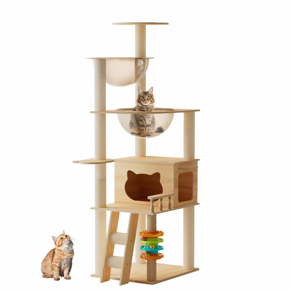 English Elm 59" Modern Wood Cat Tower with Sisal Posts Acrylic Hammock and Elevated Perch W3101P383595