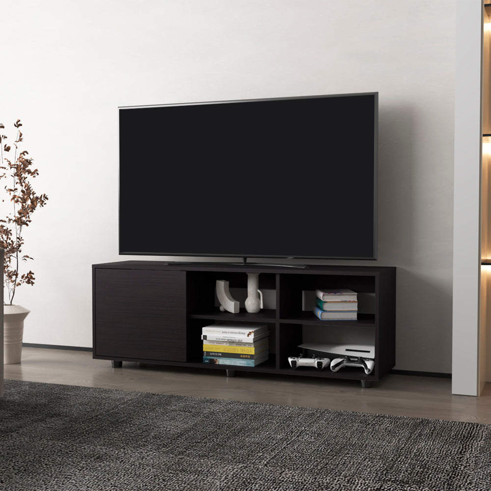 English Elm Roseland Modern TV Stand in Black — Engineered Wood, Sliding Door, 4 Open Shelves, Durable Design B092P269939