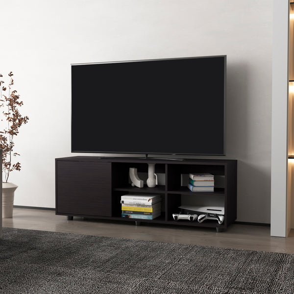 English Elm Roseland Modern TV Stand in Black — Engineered Wood, Sliding Door, 4 Open Shelves, Durable Design B092P269939