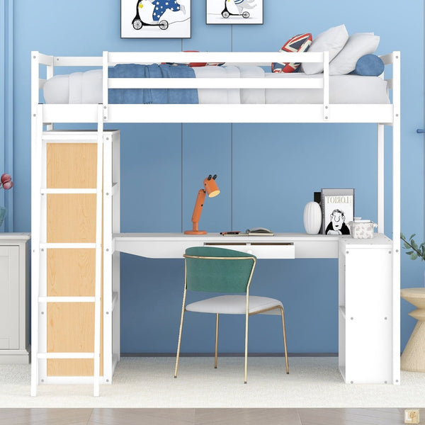 English Elm Twin Loft Bed with Built-in Desk Shelves and Drawer White Pine Study Zone LT100225AAK-1