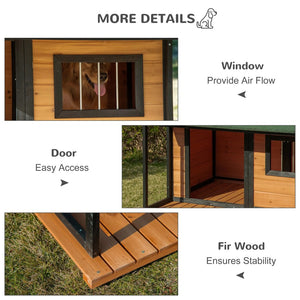English Elm Dog House Outdoor Raised Fir Wood Cabin with Porch Side Window and Asphalt Roof T3971S00056