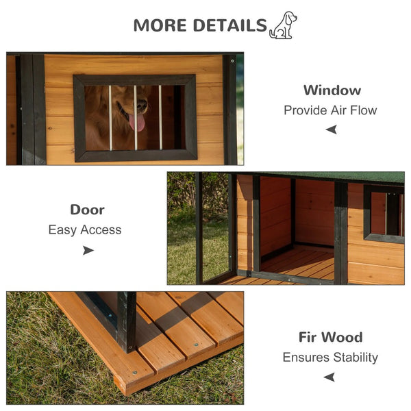 English Elm Dog House Outdoor Raised Fir Wood Cabin with Porch Side Window and Asphalt Roof T3971S00056