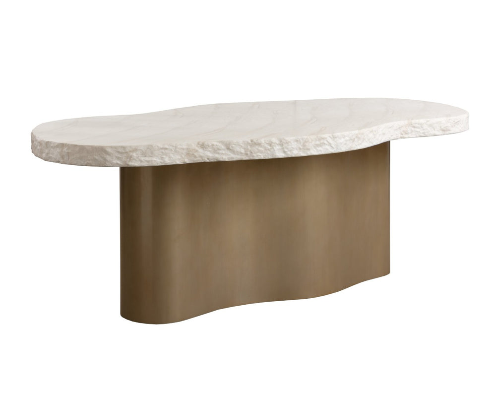 Sunpan IDRIS Dining Table - Modern Concrete Outdoor Centerpiece with Faux Travertine Top & Brass Base 112216