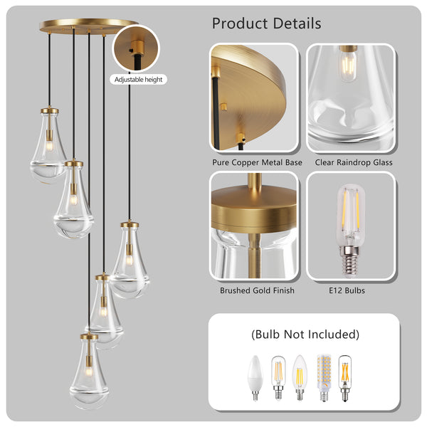 English Elm 5 Modern 5-Light Cluster Pendant with Raindrop Glass & Adjustable Rope Cordset for High Ceilings Gold W2312P389955