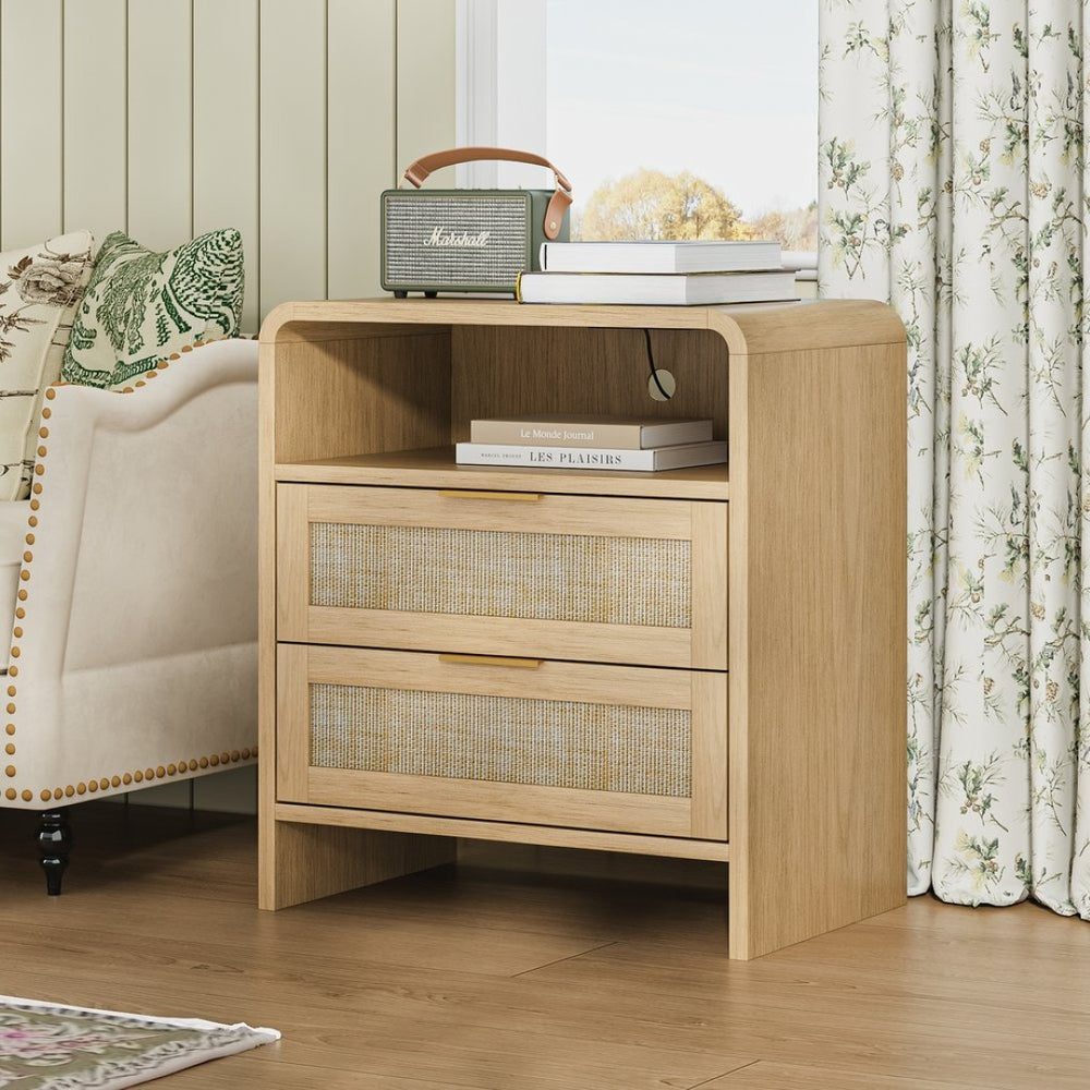 English Elm Rattan Drawer Nightstand Set with Built-in Charging Station and Open Shelf Bedroom Storage Oak W1820P416763