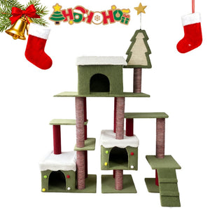 English Elm Wide Holiday Cat Tree Tower with Sisal Posts Tiered Perches and Festive Star Topper W243P382868