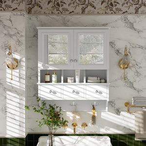 English Elm 4-in-1 Wall Mounted Bathroom Cabinet with Mirror Drawers and Towel Hooks Vanity White N710P405416K