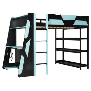 English Elm Full Size Gaming Loft Bed with Led Lighting Desk Shelves and Usb Charging Ports Black+Blue N820S00076C