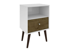 English Elm Liberty 18" Nightstand with Drawer and Open Cubby, Mid-Century Splayed Legs, Durable Storage Guide Brown+White B365P398507