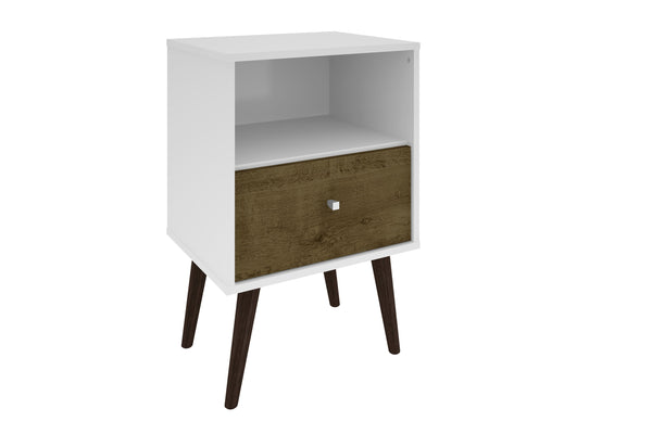 English Elm Liberty 18" Nightstand with Drawer and Open Cubby, Mid-Century Splayed Legs, Durable Storage Guide Brown+White B365P398507