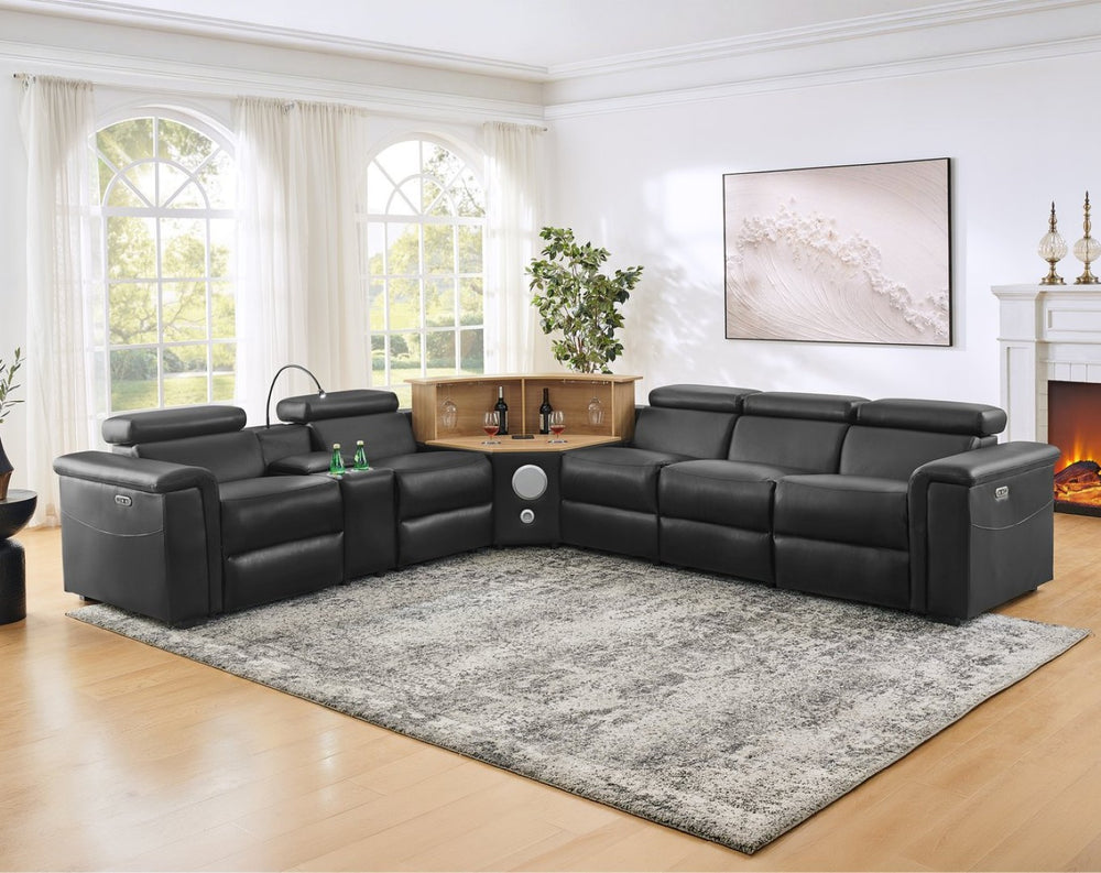 English Elm 5-seater Air Leather Power Reclining Sectional with Led Bluetooth Subwoofer and Lift Cabinet Black W1191S00121