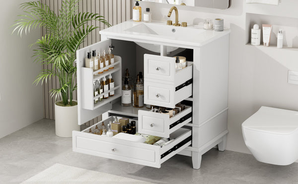 English Elm Christopher Knight Home® - 30" Freestanding Bathroom Vanity with Ceramic Sink, Soft-Close Door, Gold Knobs & 3 Drawers, Durable Painted Finish White N759P225994K