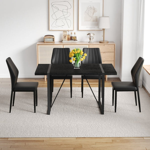English Elm Black Faux Wood Grain Rectangular Dining Set with Shell Pattern Upholstered Chairs Black W1151S04368