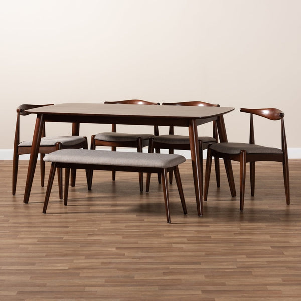 Baxton Studio Baxton Studio Amato Mid-Century Modern Dining Set in Light Gray Fabric with Walnut Finish for Stylish Spaces 6-Piece Aeron-Light Grey/Walnut-6PC Dining Set