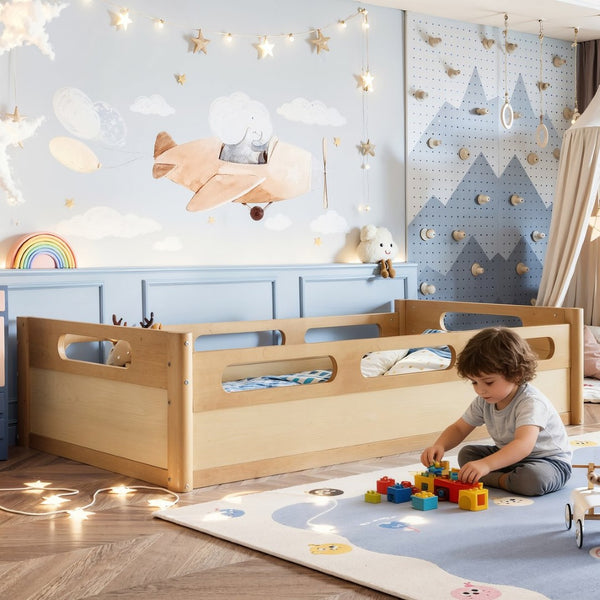 English Elm Twin Low Profile Floor Bed with Guardrails Pine Wood Frame Minimalist Bedroom Natural W1580P438791