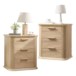 English Elm 22" Fluted Wood Nightstand with Built-in Charging Station Three Drawer Bedside Storage Oak T5326P431150
