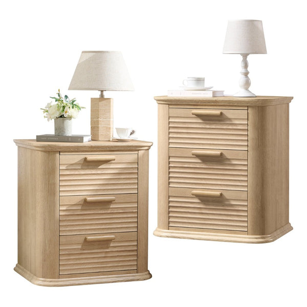 English Elm 22" Fluted Wood Nightstand with Built-in Charging Station Three Drawer Bedside Storage Oak T5326P431150