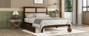 English Elm Full Full Size Bed with Rattan Headboard and Two Underbed Storage Drawers, Rubberwood Slat Support Espresso W504P269605