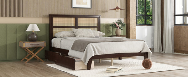 English Elm Full Full Size Bed with Rattan Headboard and Two Underbed Storage Drawers, Rubberwood Slat Support Espresso W504P269605