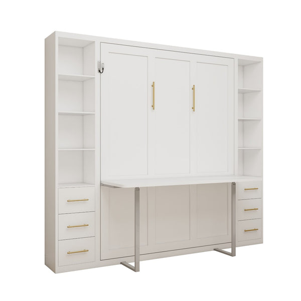 English Elm Desk Murphy Wall Bed Queen with Side Storage Cabinets for Home Office Study W5290S00006