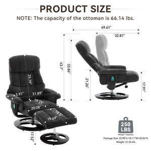 English Elm 010-Recliner Modern Dark Grey Chenille Swivel Lounge with Ottoman, Heated Seat, 5-Point Vibe Massage, 140° Recline, 250lb Capacity W2636P358627