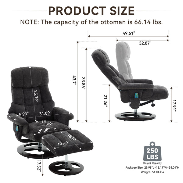 English Elm 010-Recliner Modern Dark Grey Chenille Swivel Lounge with Ottoman, Heated Seat, 5-Point Vibe Massage, 140° Recline, 250lb Capacity W2636P358627