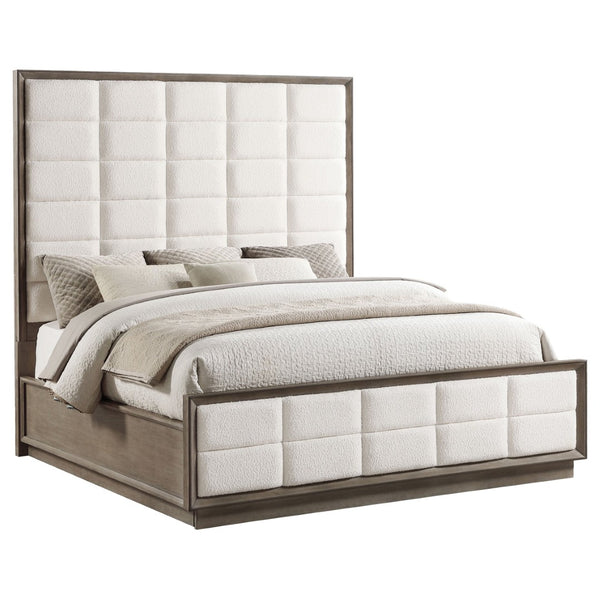 English Elm Prescott Eastern King Bed Cream Grid Tufted Headboard Taupe Oak Wood Frame B062S01485