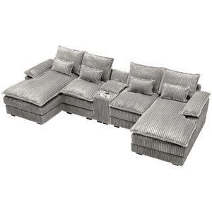 English Elm 120-inch Modular U-shaped Sectional Woolen Sofa with Usb Console Six Seat Living Room Light Gray W2564S00106