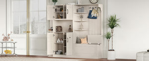 English Elm Multifunctional Modular Hall Tree Cabinet with Open Shelves and Hooks for Entryway Beige W1580S00565