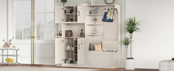 English Elm Multifunctional Modular Hall Tree Cabinet with Open Shelves and Hooks for Entryway Beige W1580S00565