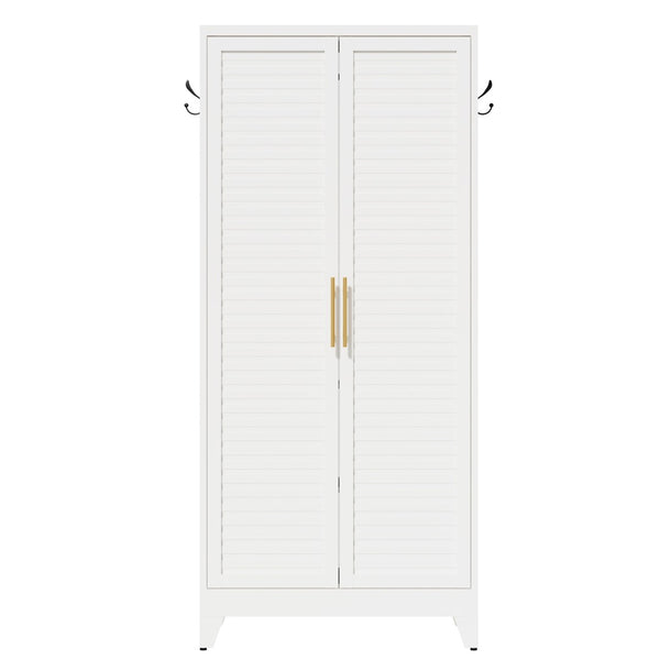 English Elm White Steel Freestanding Wardrobe Cabinet with Rod and Shelves for Dorm or Apartment T2398P480394