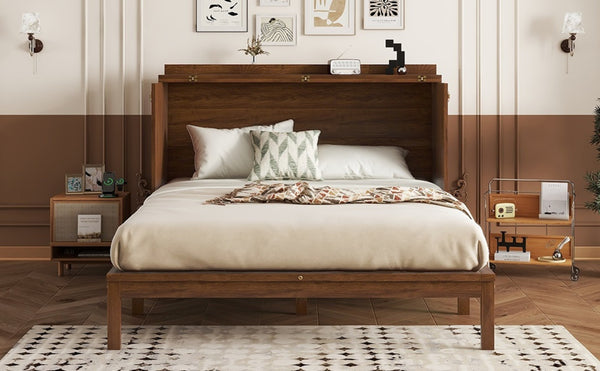 English Elm Queen Size Murphy Bed - Stylish Pine Wood Cabinet With Power Station & Rattan Panel For Space-Saving W504S00234-GIGA