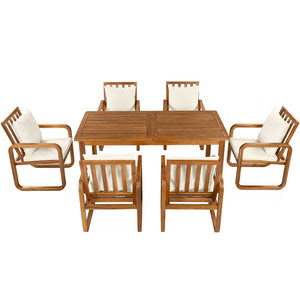 English Elm Outdoor Acacia Wood Dining Set Seats Six with Cushioned Armrest Chairs for Patio Beige,Natural Wood N719Z000200A