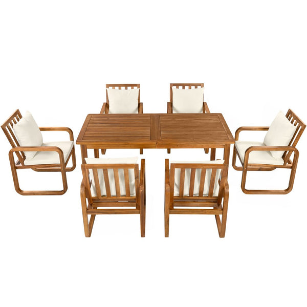 English Elm Outdoor Acacia Wood Dining Set Seats Six with Cushioned Armrest Chairs for Patio Beige,Natural Wood N719Z000200A