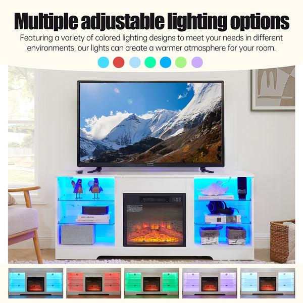 English Elm TV 58" Electric Fireplace TV Stand with 3D Realistic Flame, LED Lights, USB & AC Power Strip, Modern Media Console White W2275P149866