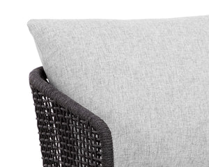 Sunpan Capri Outdoor Dining Armchair - Stylish, Durable Teak & Greymix Weave for Ultimate Comfort & Elegance Smoke Grey / Copacabana Marble