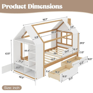 English Elm Twin House Frame Bed Pine Wood with Storage Drawers and Shelves for Kids Bedroom W1580S00572