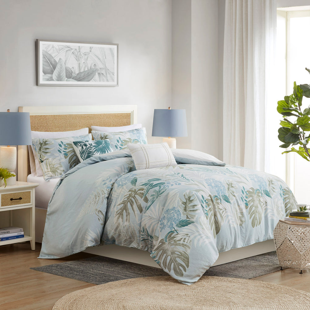 JLA Home Harbor House Blue - 5 Piece Cotton Duvet Cover Set Kiawah Island Tropical Print Blue-Green, Breathable OEKO‑TEX Antimicrobial Closure HH12-1855