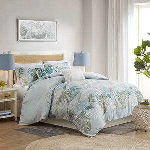 JLA Home Harbor House Blue - 5 Piece Cotton Duvet Cover Set Kiawah Island Tropical Print Blue-Green, Breathable OEKO‑TEX Antimicrobial Closure HH12-1855