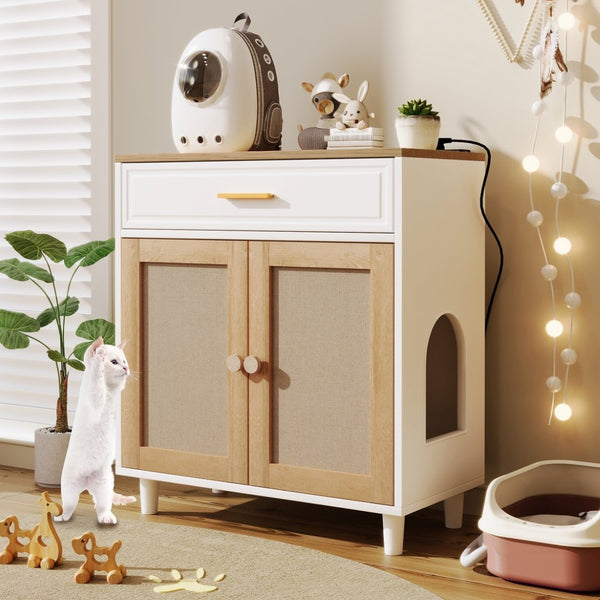 English Elm 2-piece Hidden Litter Box Cabinet with Scratching Doors Charging Station and Drawer N843S002406N