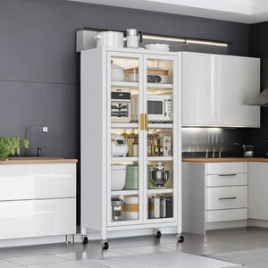 English Elm Open-door Vertical Kitchen Storage Cabinet with Microwave Shelf, Bakers Rack, 250KG Capacity Wheels White W509P164654