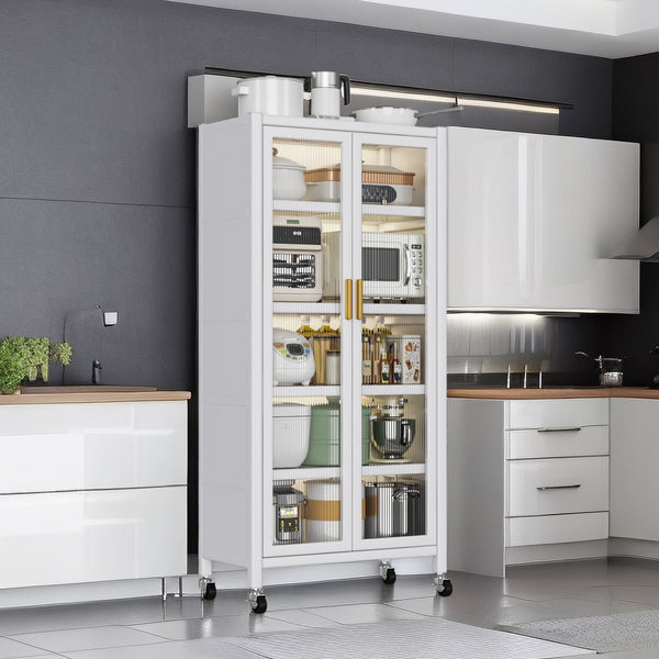 English Elm Open-door Vertical Kitchen Storage Cabinet with Microwave Shelf, Bakers Rack, 250KG Capacity Wheels White W509P164654