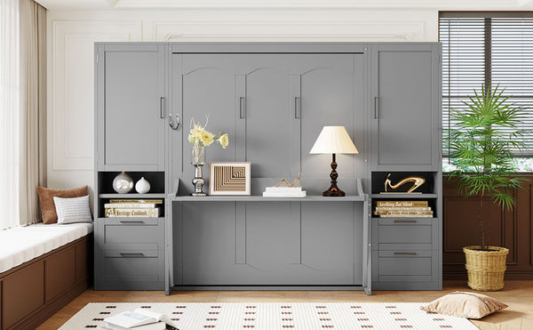 English Elm Queen Murphy Fold Down Wall Bed with Wardrobe Drawers and Shelves for Guest Rooms Gray LP000909AAE-2