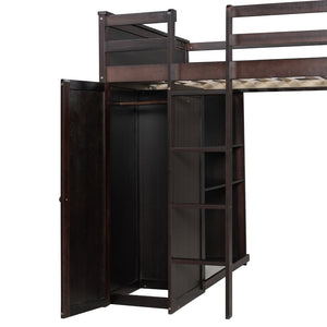 English Elm Full Twin Loft Bed with Desk Wardrobe Shelves Pine Wood Frame Kids Bedroom Espresso LT000821AAP-1